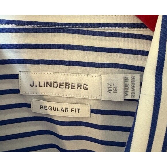 J. Lindeberg Long Sleeve Button Down Shirt Men's Size 16 Blue and White Stripes - Picture 2 of 9